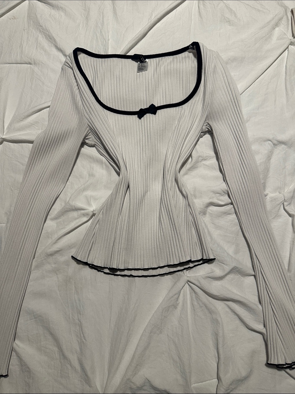 H&M White Ribbed Long-Sleeve Scoop Neck Top with Black Trim, coquette and cozy